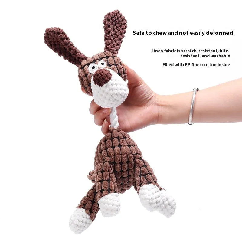Assortment of plush puppy teething toys including a rechargeable duck, a multi-coloured donkey, an elephant, and a dog.