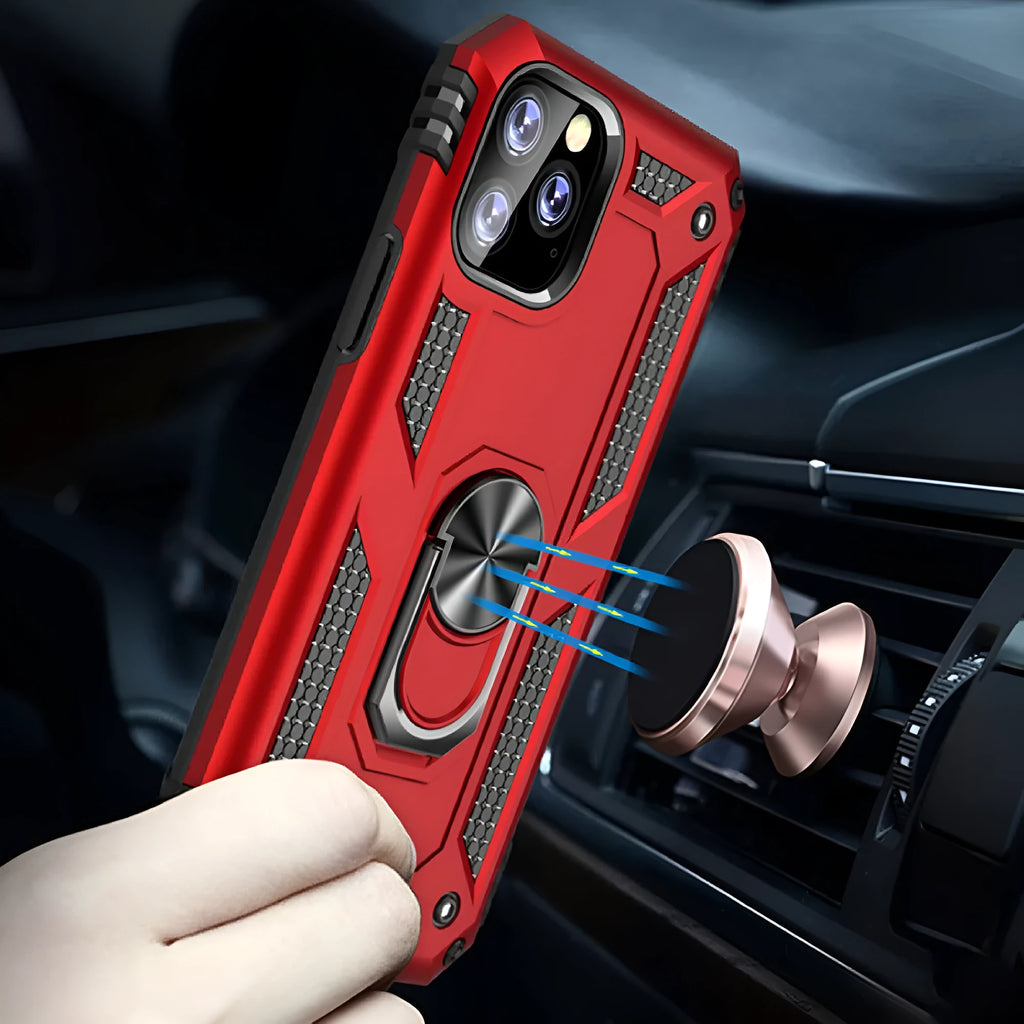 Shockproof bracket ring phone case in black for iPhone 14 Pro with built-in kickstand and magnetic ring