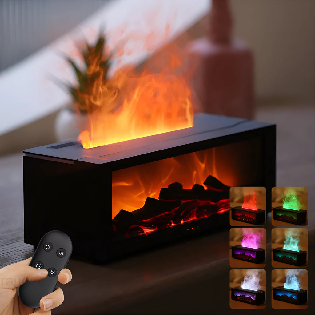 Square flame aromatherapy machine with 3D flame effect and 7-colour mood lighting at base
