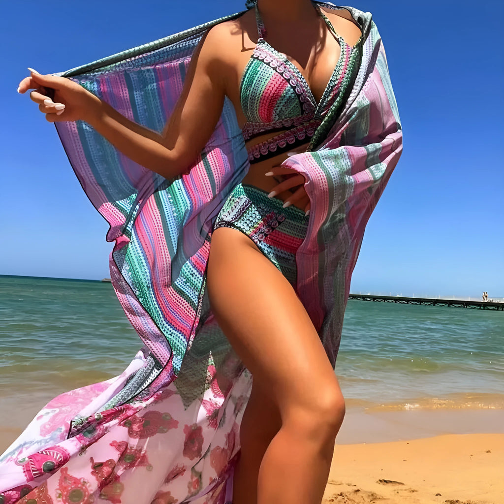 Women's cross bandage three-piece swimsuit set with high waist briefs and veils split design in blue
