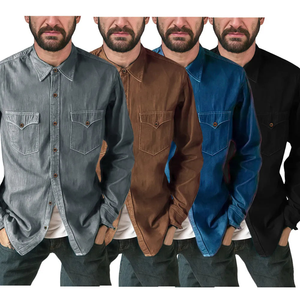 A khaki-coloured cotton denim cardigan coat with long sleeves on a hanger.