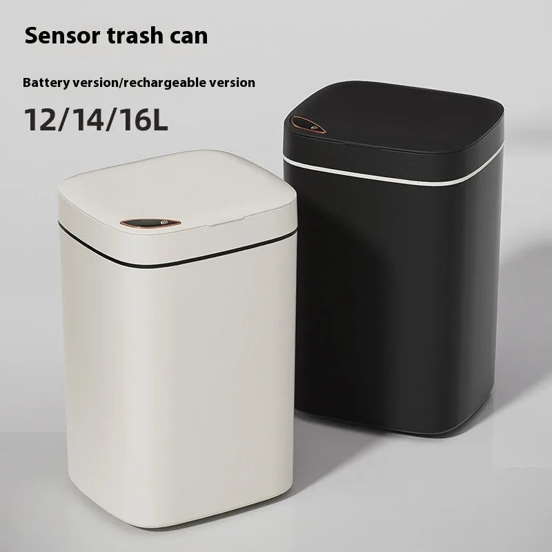 Square automatic sensor garbage bin with induction opening lid in milk white colour.