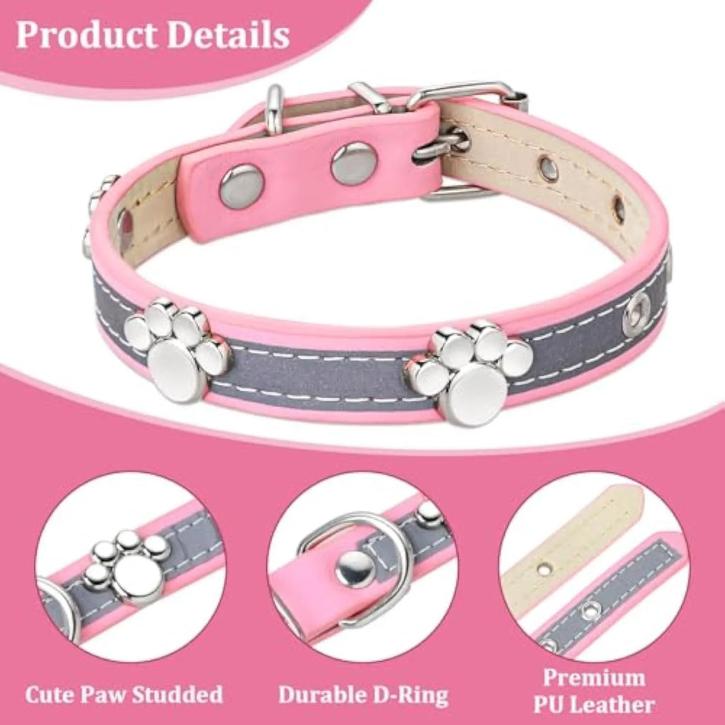 Reflective adjustable PU leather dog collar with metal buckle and paw rivet in multiple sizes.