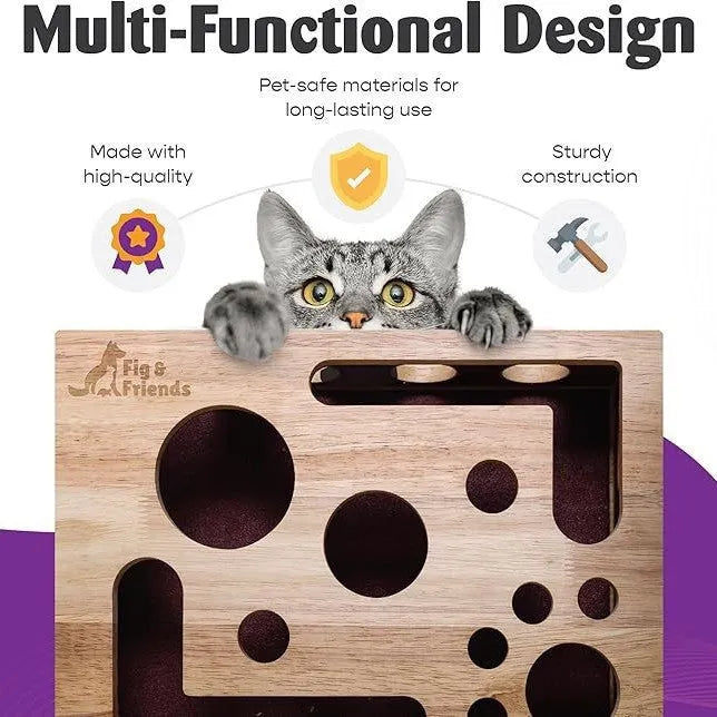 Solid wood square maze cat toy in natural wood colour on floor