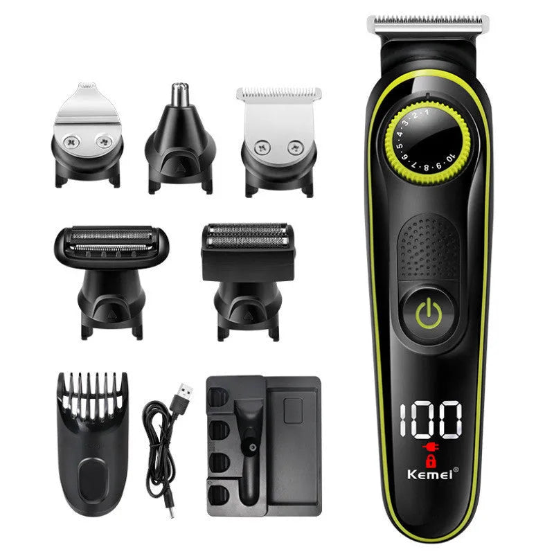 Black KM-696 USB rechargeable electric hair clipper with stainless steel blades on white background