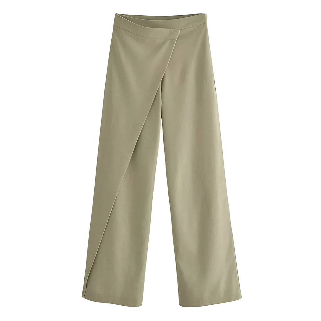 Women's casual straight linen trousers in khaki, mid-waist cotton blend with micro elasticity, sizes XS to L
