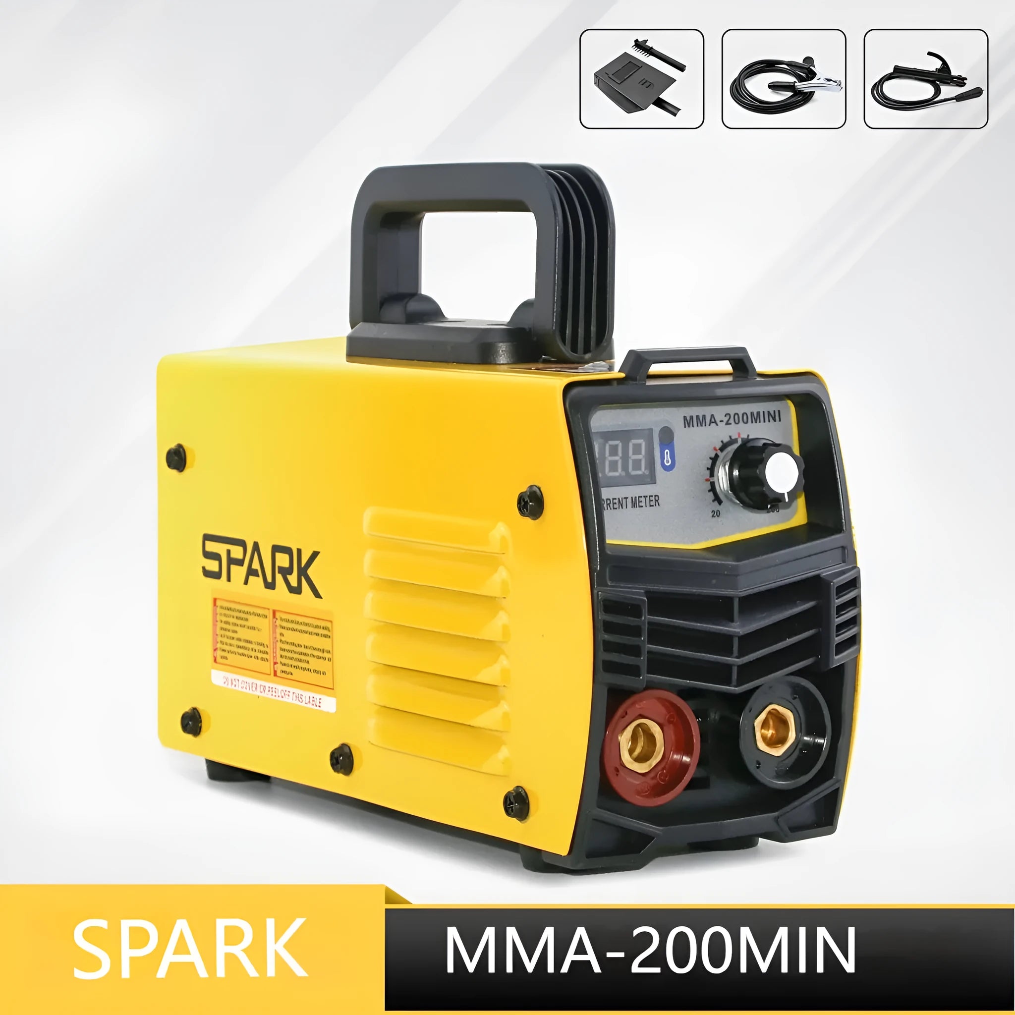 MMA-200MIN 220V portable DC inverter welding machine with welding tongs, clamp, and face shield.