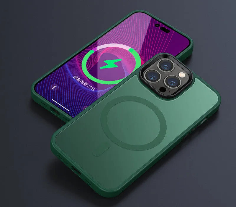Magnetic suction frosted phone case in Cangling Green color with scrub skin texture for iPhone