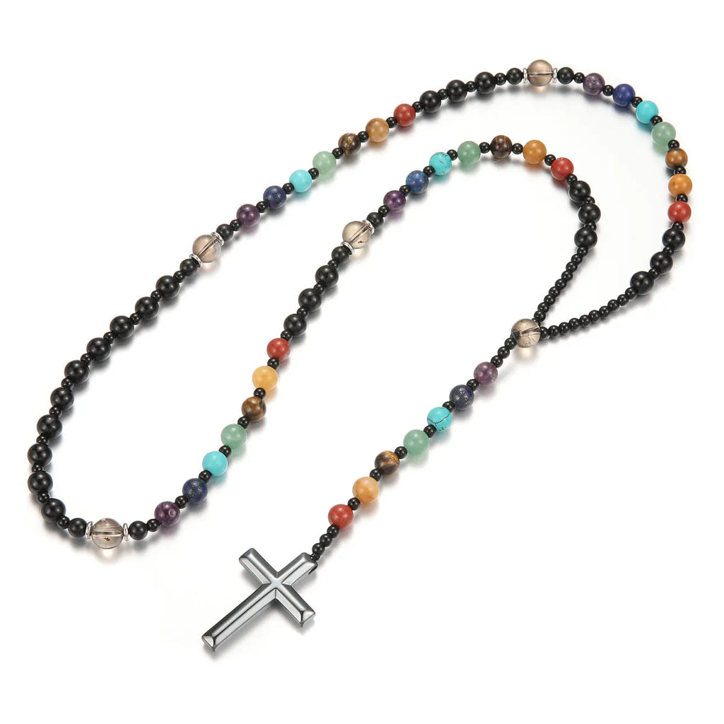 Handmade multicolor natural stone cross necklace with mixed gemstone inlay pendant on beaded chain