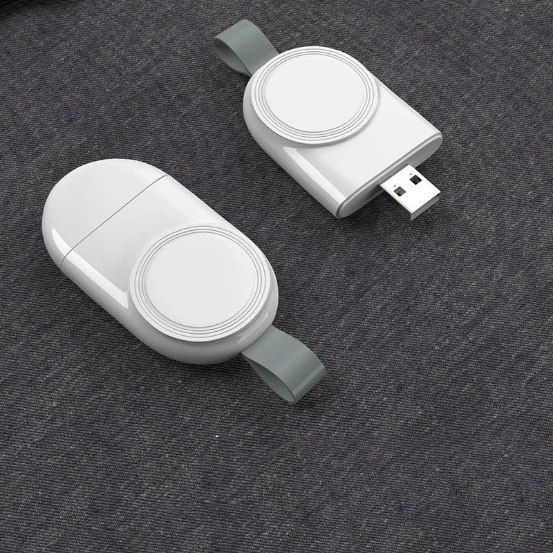 Portable white Apple Watch wireless charging dock with USB cable