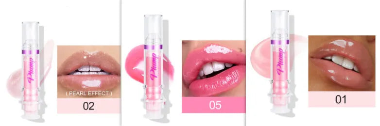 Lip gloss tube with mirror finish showing shiny application on lips