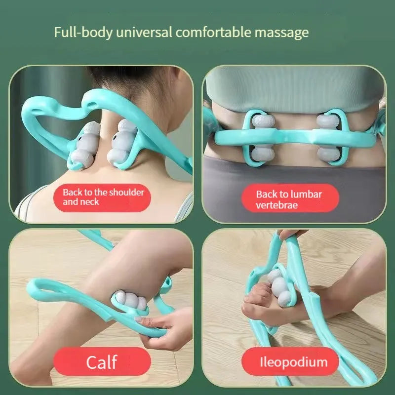 Blue handheld neck massager with 96 pressure point rollers for deep tissue relief