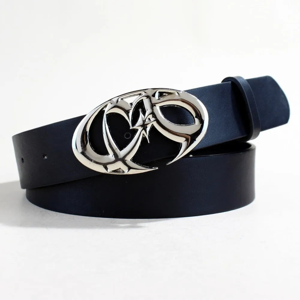 Silver buckle PU leather belt with snap button closure, 105cm length