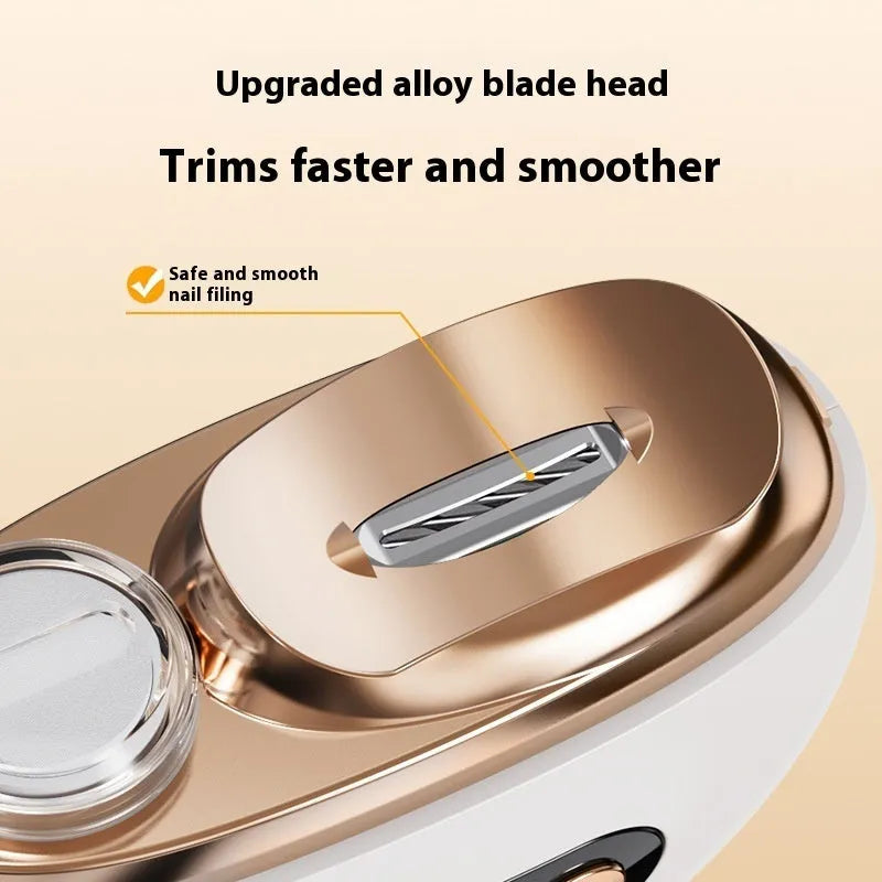 HZ-005 rechargeable electric nail clippers with anti-pinch cutting and grinding, white plastic body, on neutral background