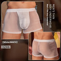 Pair of men's ultra-thin black nylon boxer briefs on a plain background.