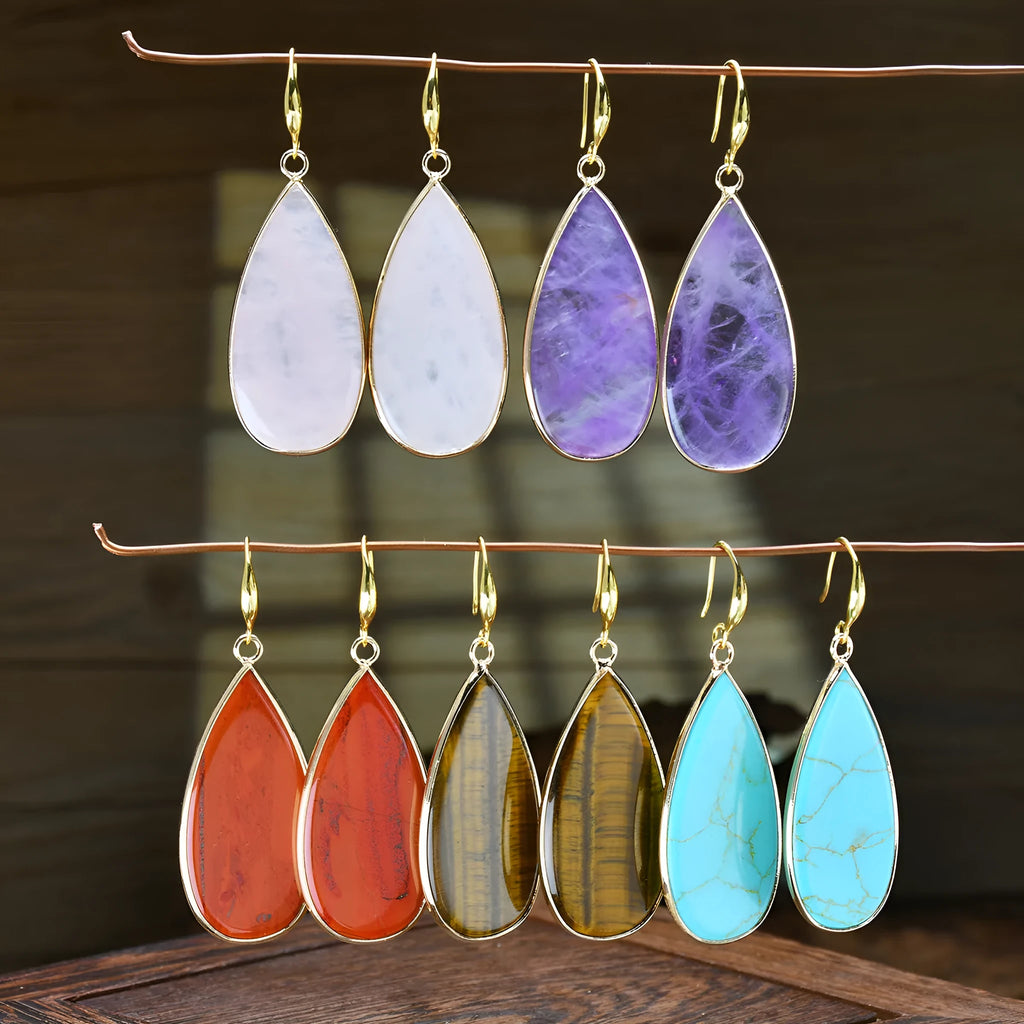 Vintage long water drop earrings handmade from stone in tigereye, amethyst, pink crystal, redstone or turquoise