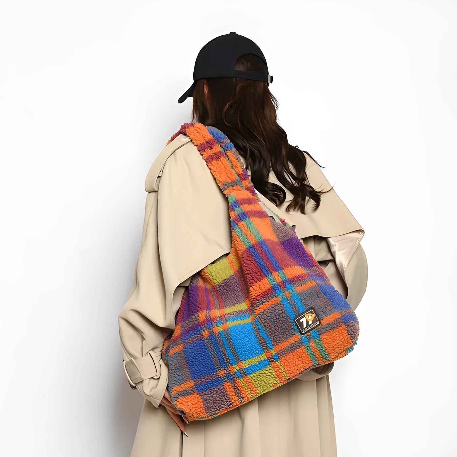 Women's plaid crossbody tote bag in soft plush material with large capacity and zipper organiser