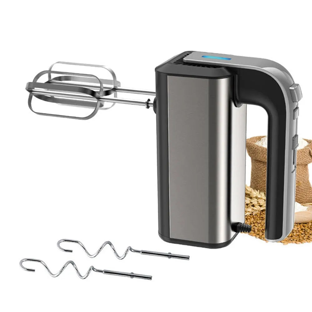 Silver handheld electric whisk with five-speed settings for kitchen mixing tasks