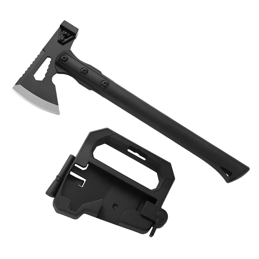 Stainless steel multi-functional camping axe with ABS handle showing four model variations