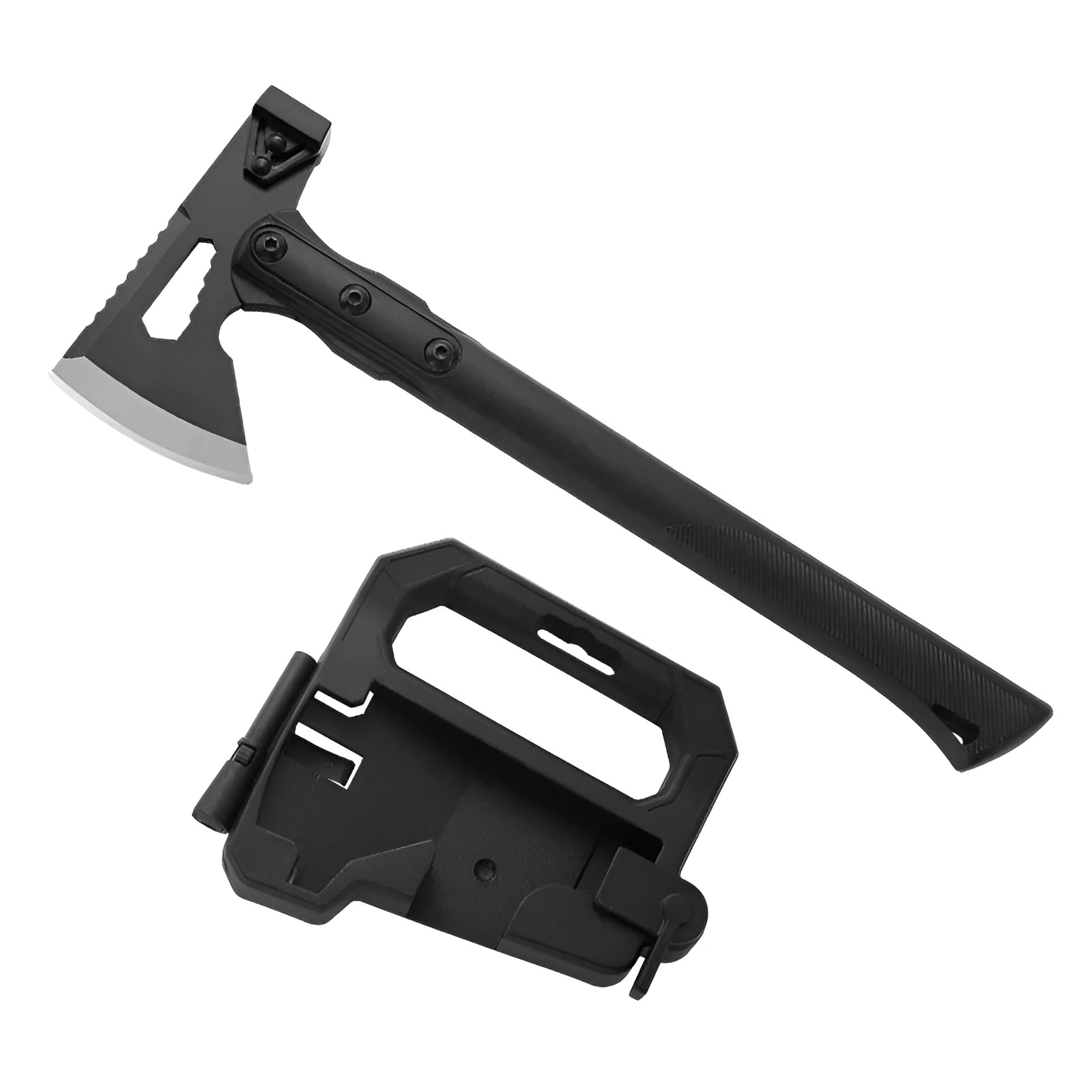 Stainless steel multi-functional camping axe with ABS handle showing four model variations