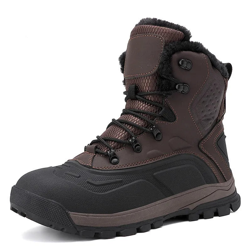 Men's black high-top boots with fleece lining, flat heel, and lace-up front on a ribbed TPR sole.