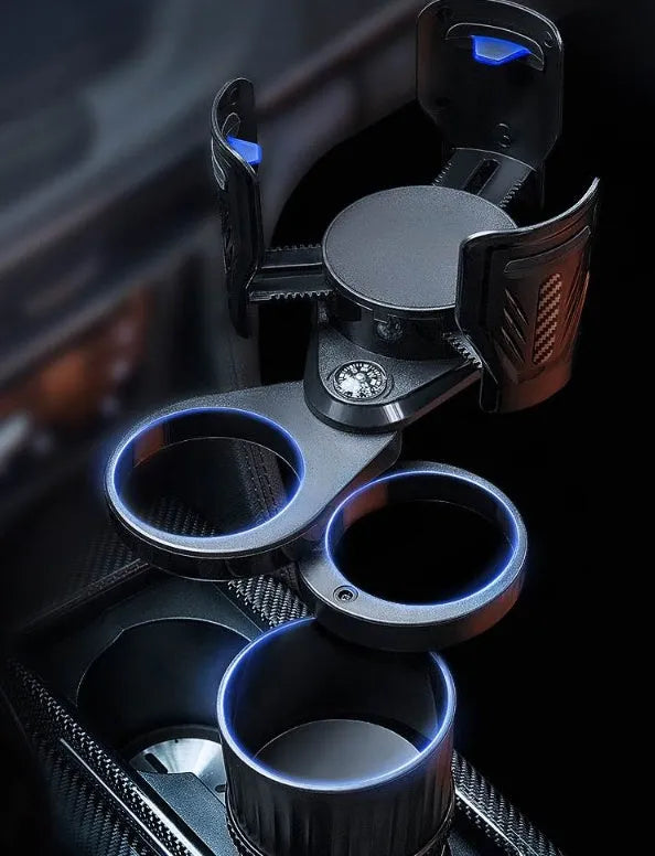 One Point Four black car water cup holder with retractable base extended.