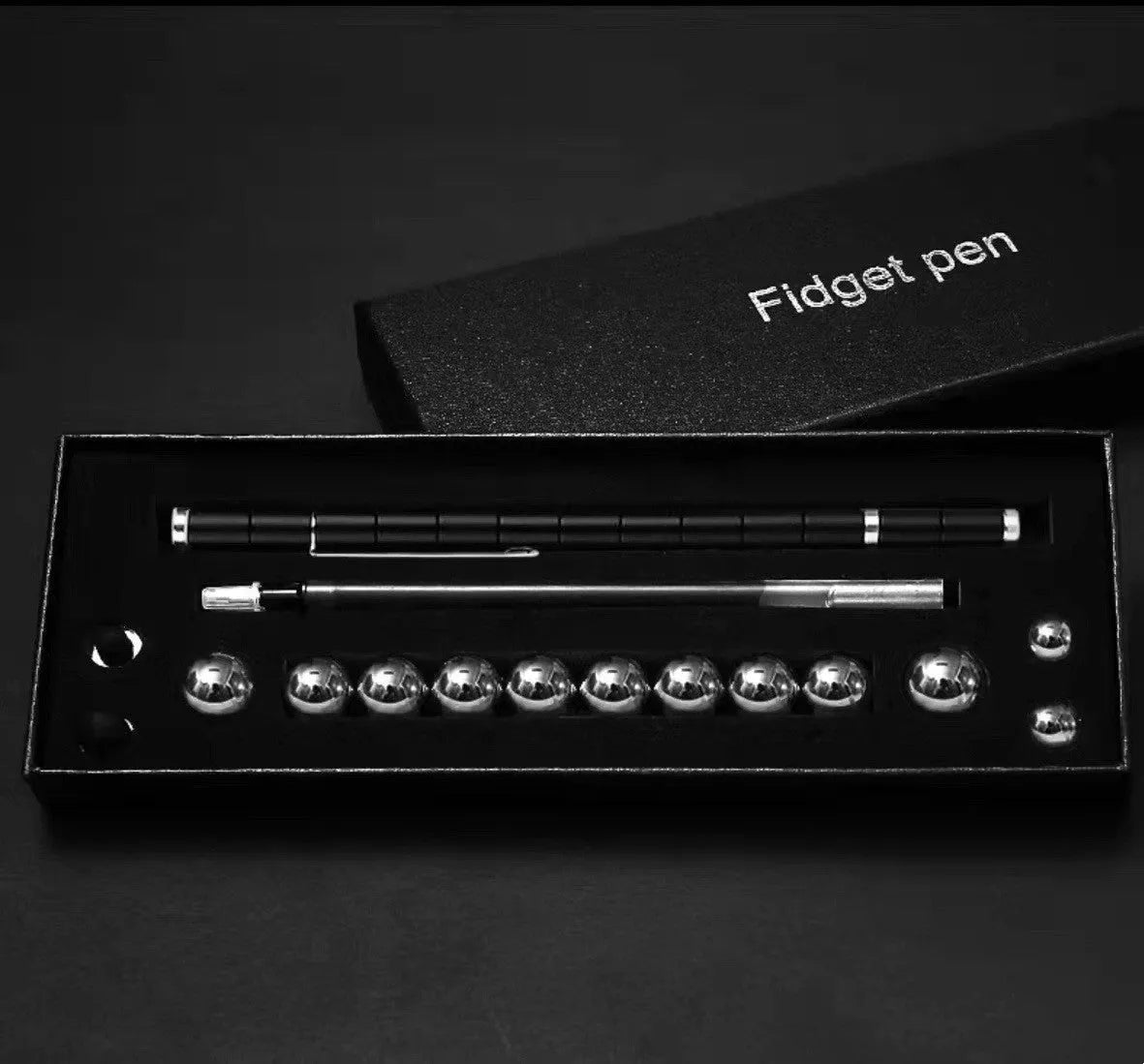 Magnetic modular pen set in silver iron box with 13 rings, 12 balls, 3 refills, 2 capacitor heads, and upgraded magnets