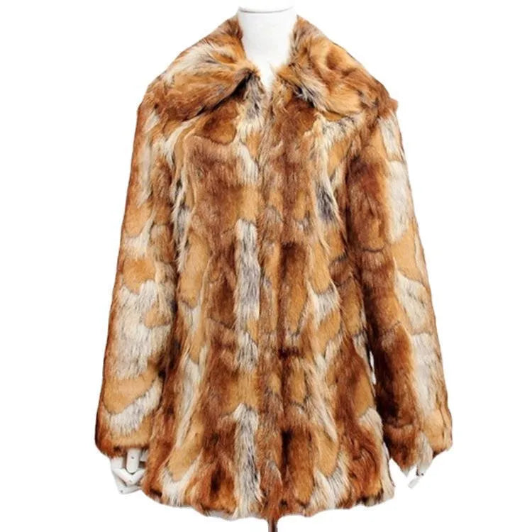 Women's slim-fit tiger print faux fur jacket with long sleeves and a medium length.