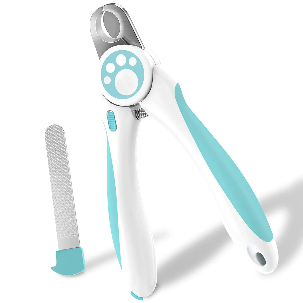 Blue and white pet nail clippers with safety guard and stainless steel blades