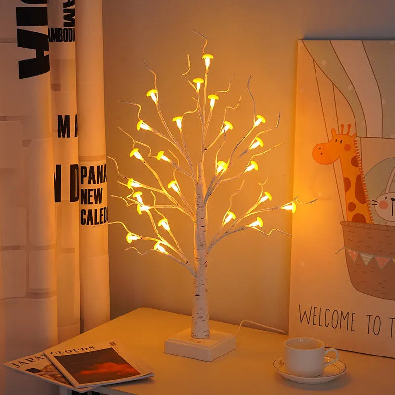 60cm tall white LED mushroom tree lamp with many small detachable mushroom flowers on a wooden table.