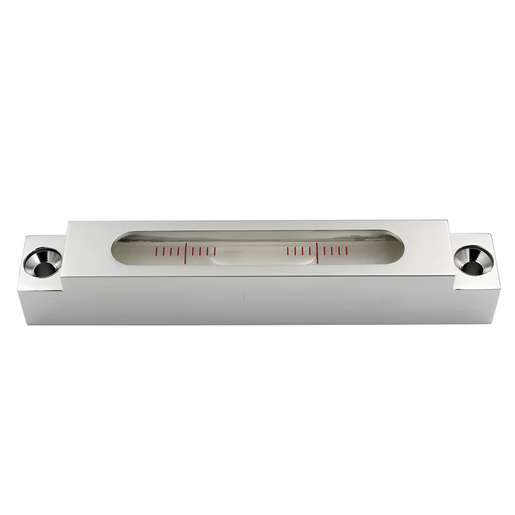 Metal mini spirit level with glass vials showing 132mm length for precision workshop alignment