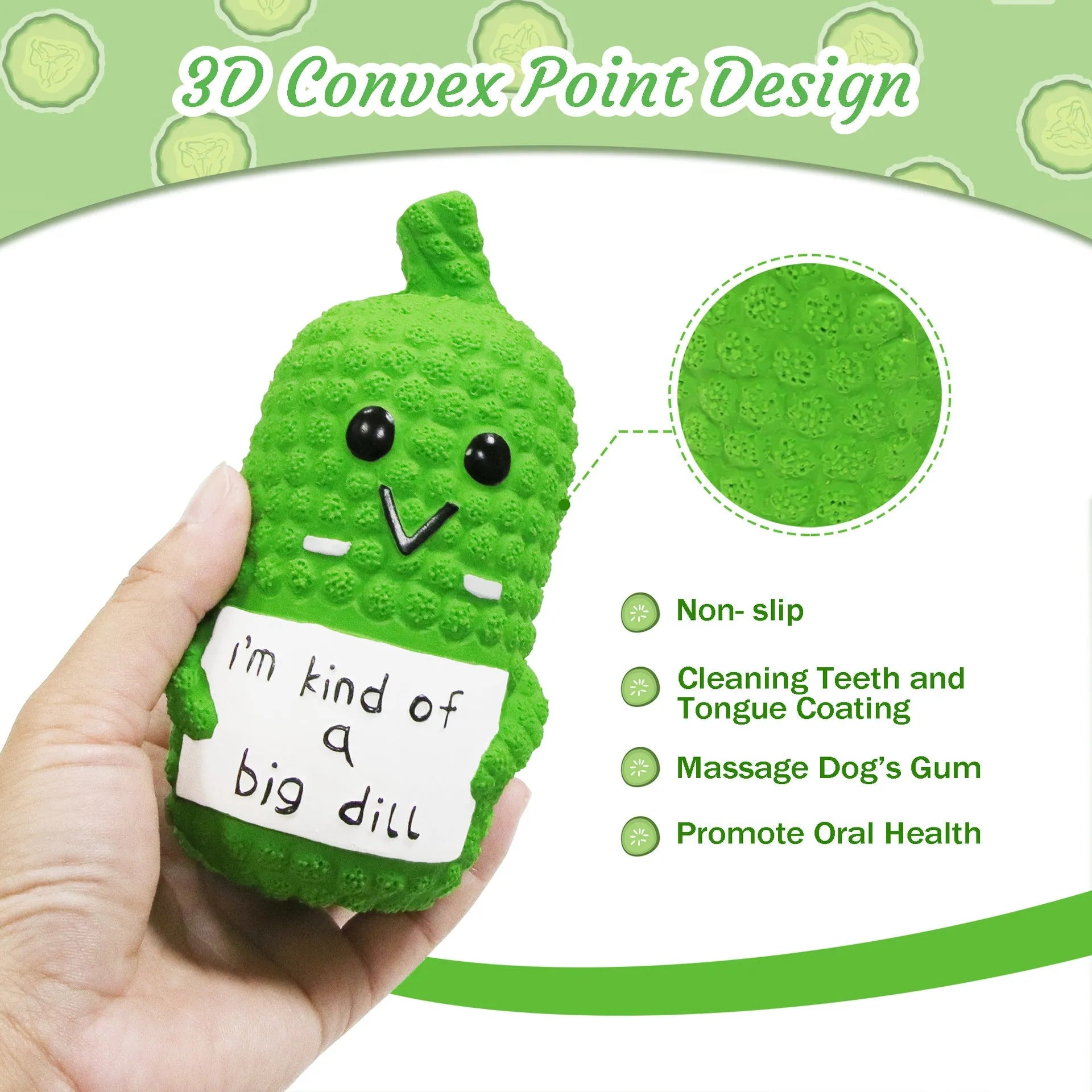 Green latex pickle dog chew toy with textured nubs and squeaker.