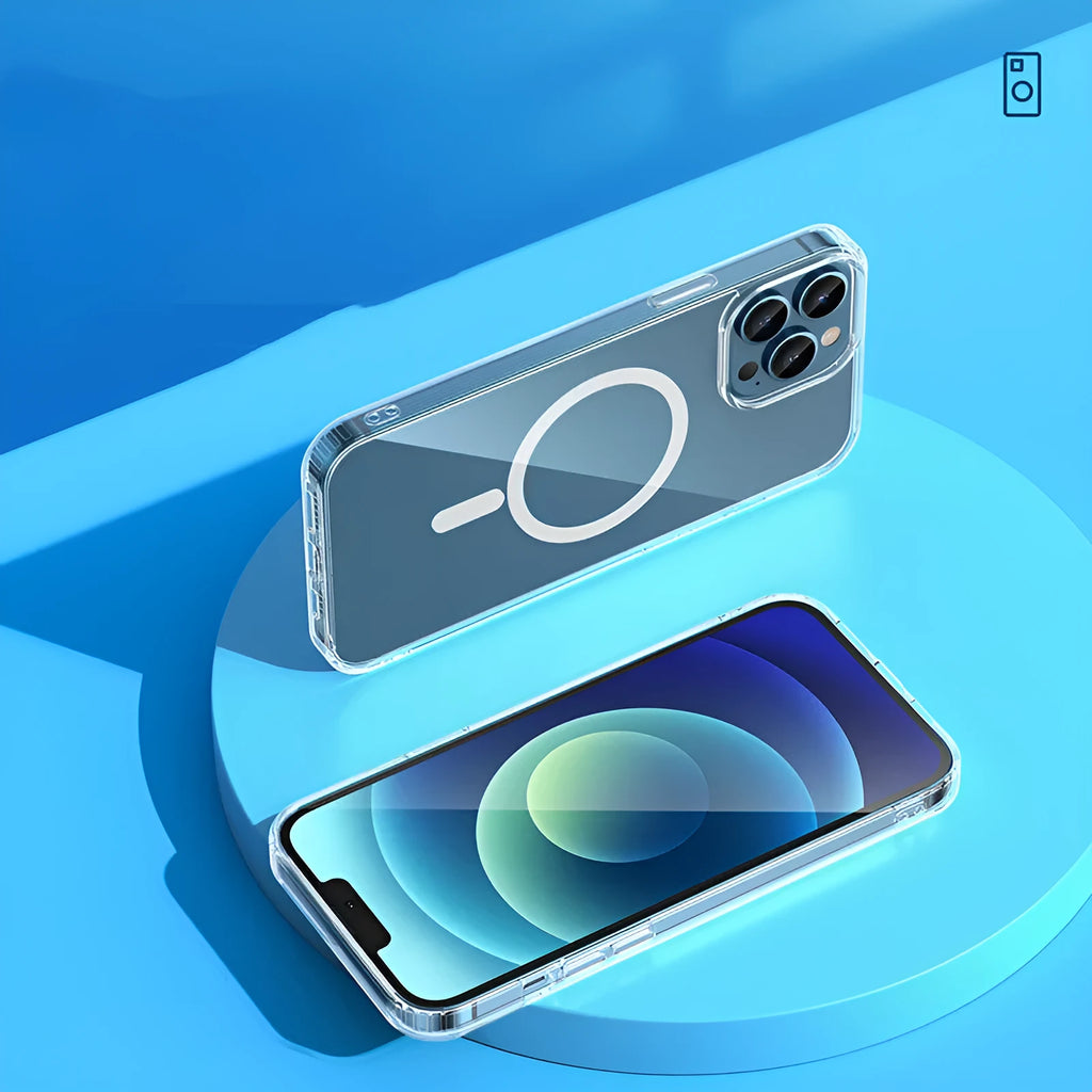 Transparent MagSafe magnetic iPhone 13 case showing airbag protection design on a table.