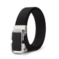Men's nylon canvas toothless belt in Army Green with a silver alloy buckle, laid flat.