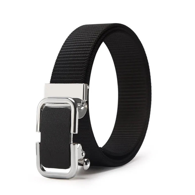 Men's nylon canvas toothless belt in Army Green with a silver alloy buckle, laid flat.