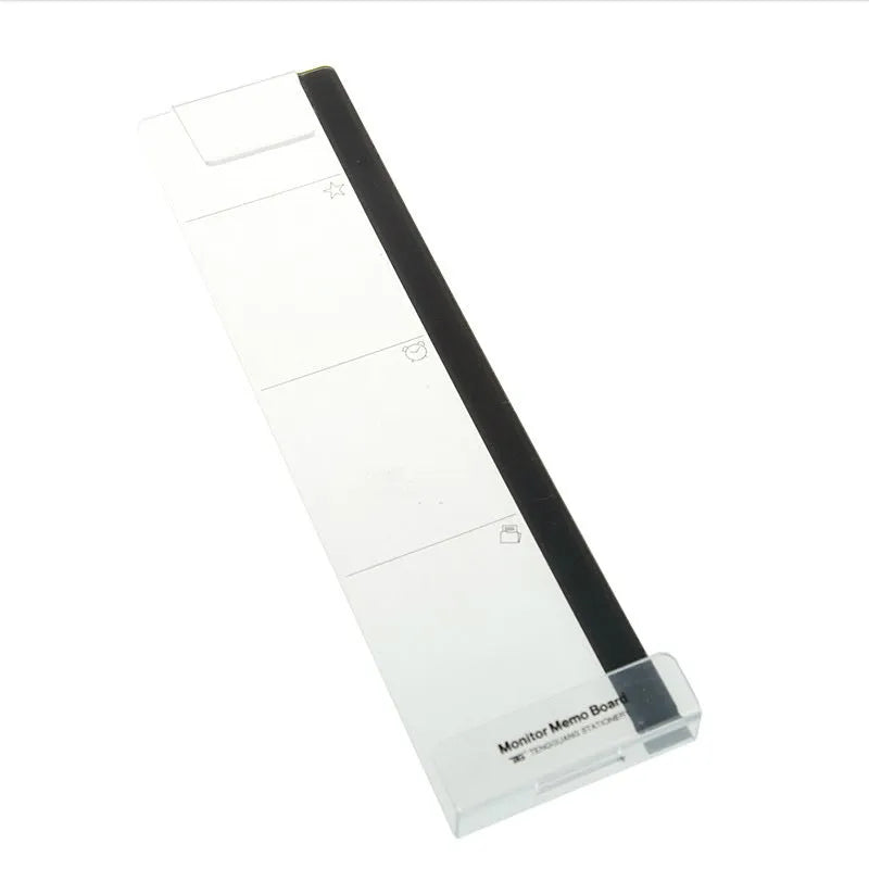 Clear acrylic monitor message memo board with wall suction mount on a computer monitor, left side placement