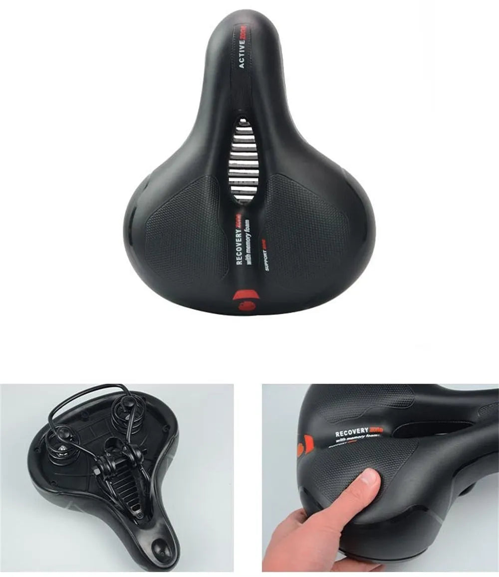 Silicone bicycle cushion saddle with PU leather cover, spring, and included wrench and tyre patches.