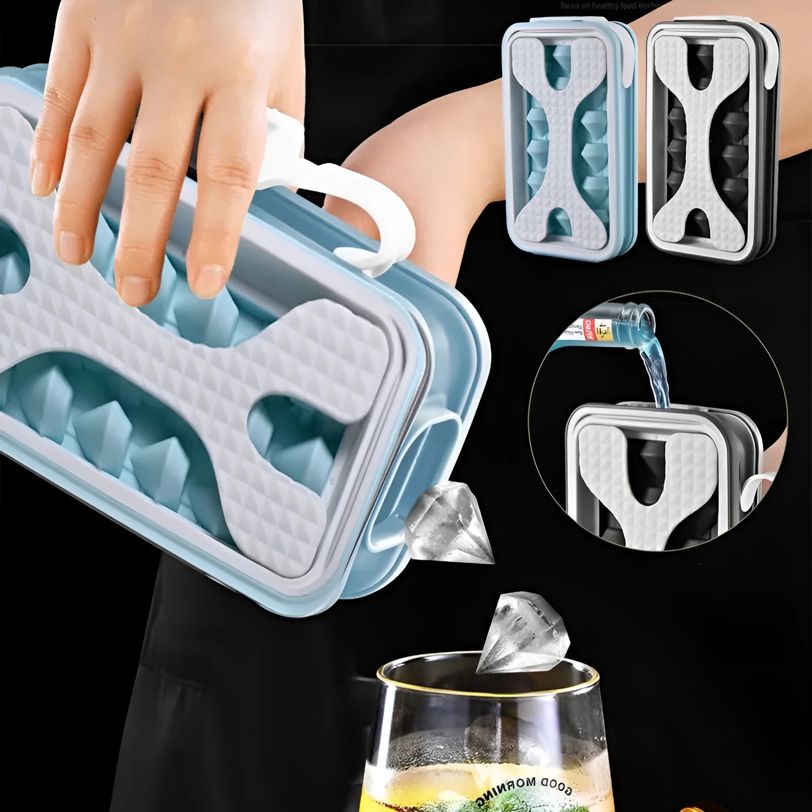 Portable silicone ice ball mould water bottle in light grey showing 20.5cm length and modern minimalist design