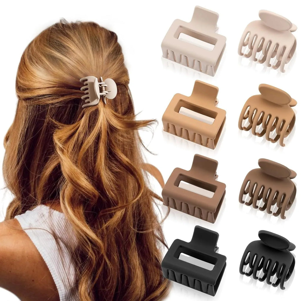 Six simple quadrilateral hair clips with frosted finish in nude and rose red colours