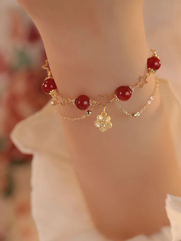 Red agate double layer women's bracelet with floral peach blossom ethnic design