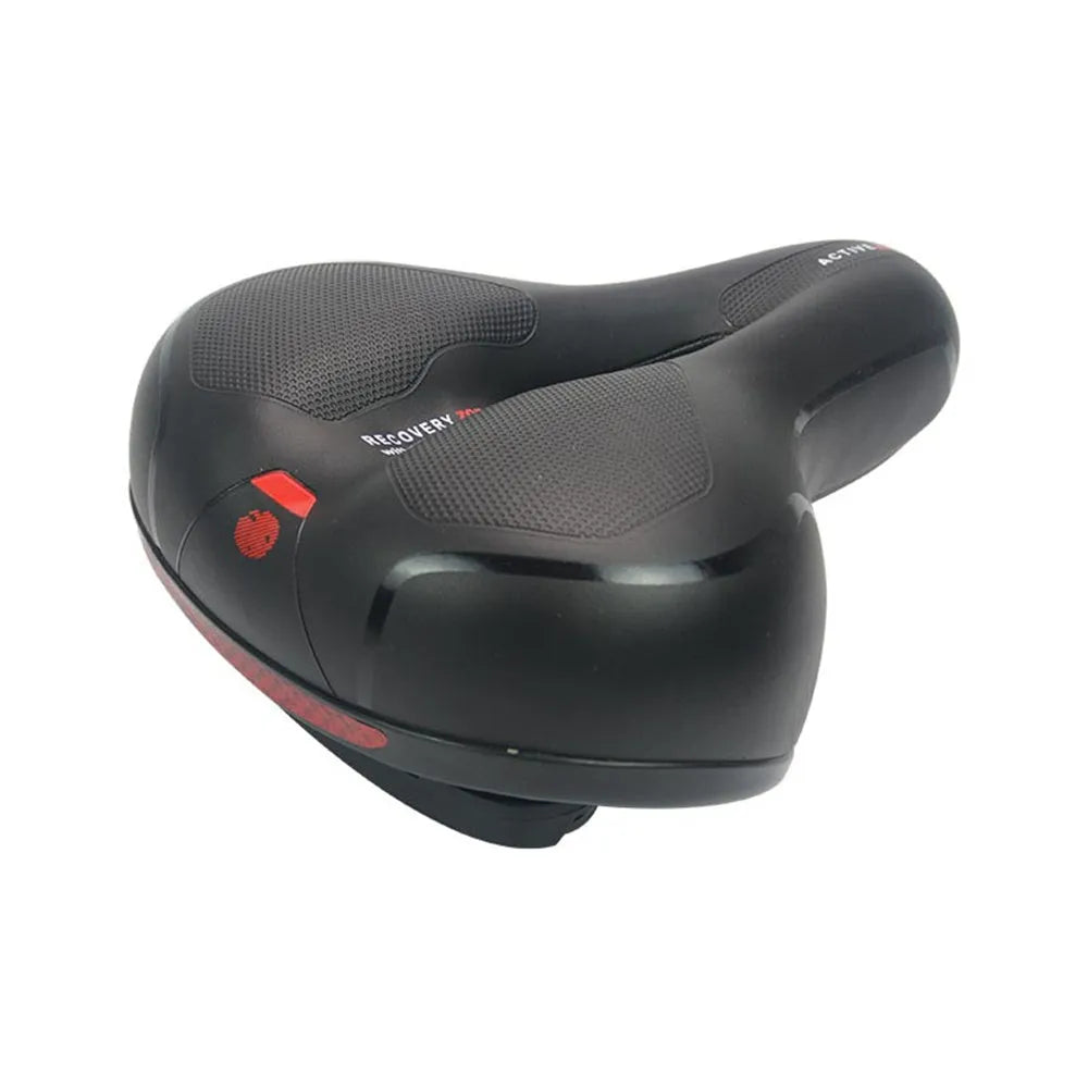 Silicone bicycle cushion saddle with PU leather cover, spring, and included wrench and tyre patches.