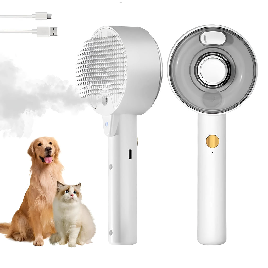 Pink and white cat steam brush with spray tank, stainless steel bent bristles, and a one-click hair removal button.