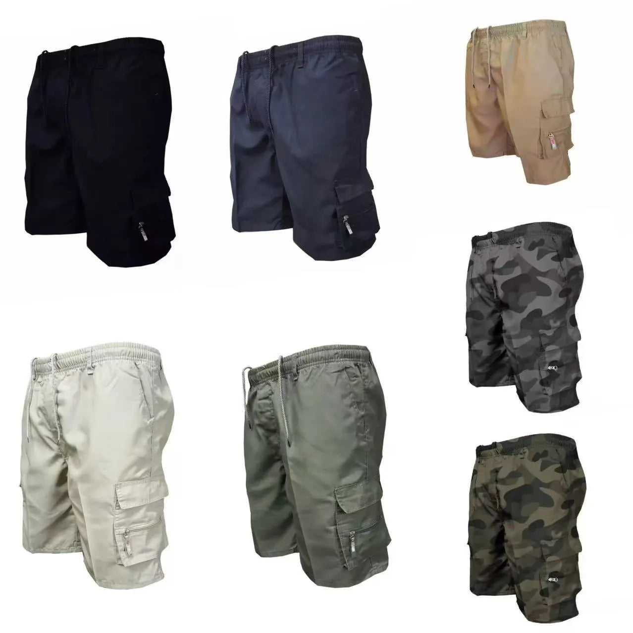 Men's loose fit casual work trousers in polyester fabric, shown in multiple colour options including black and camouflage.