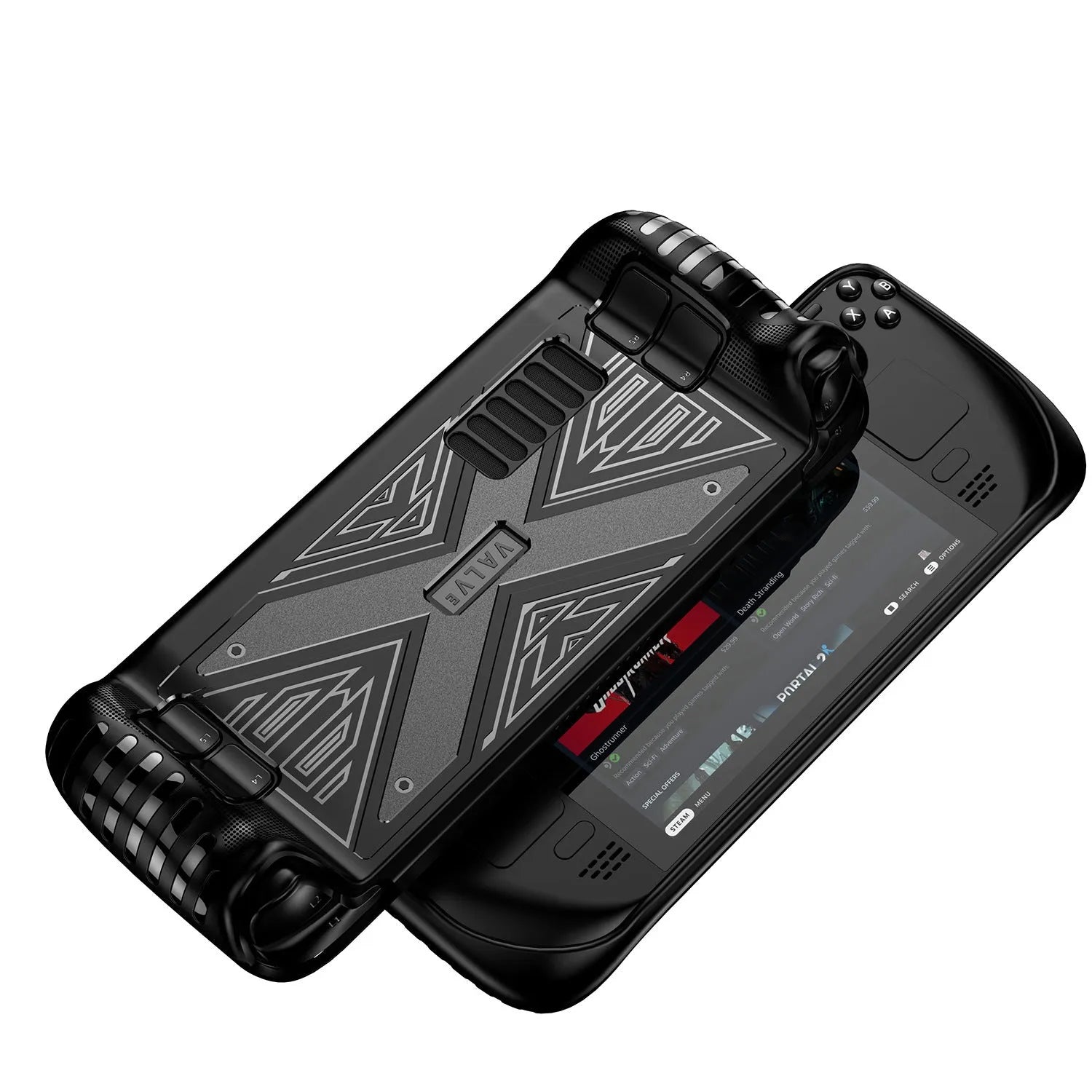 Red silicone protective case for a Steam Deck handheld game console.