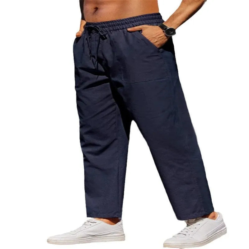 Men's straight-leg linen trousers with elastic waistband in seven colour options