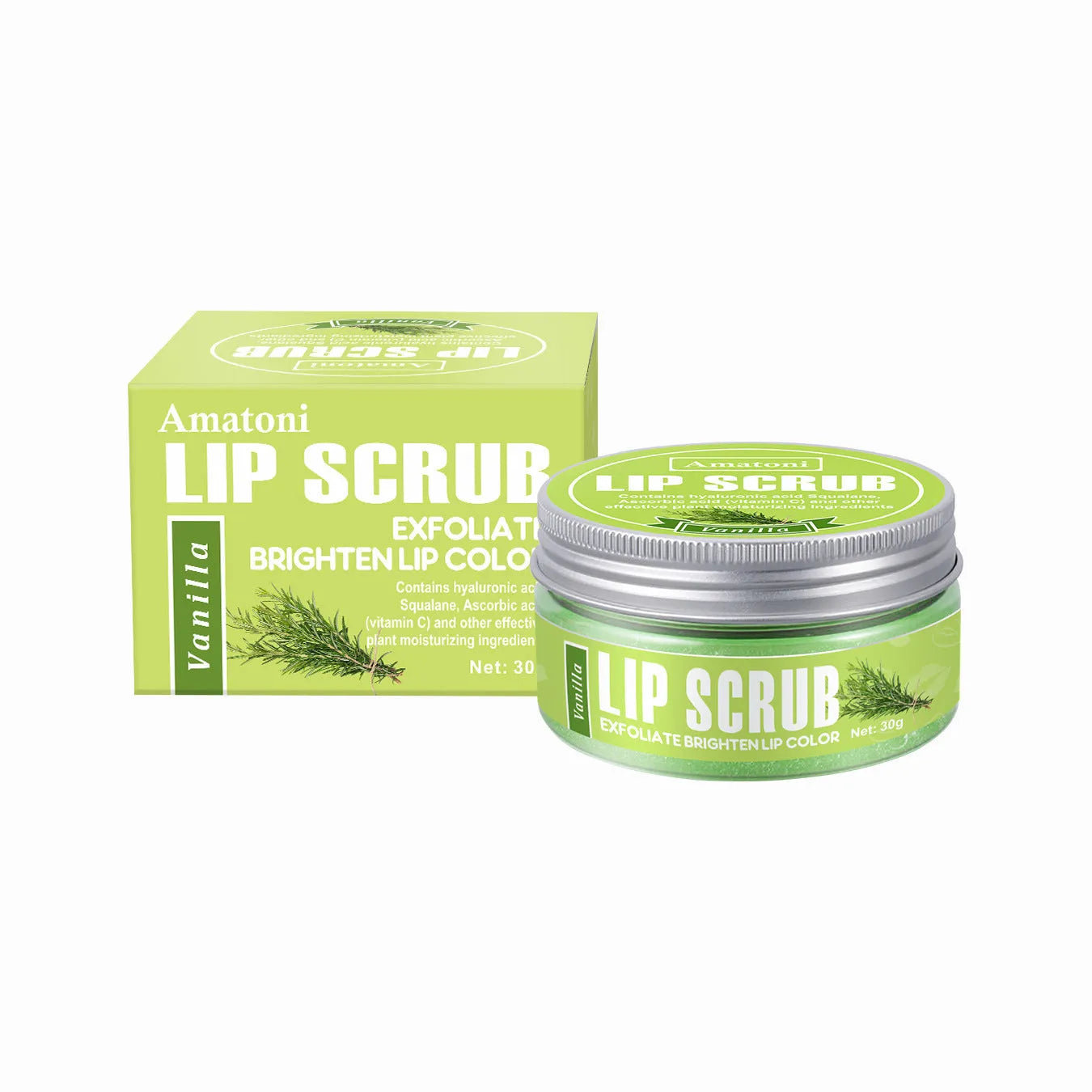 Amatoni lip scrub cream pot in coconut, raspberry, vanilla, or watermelon flavour, 30g size.