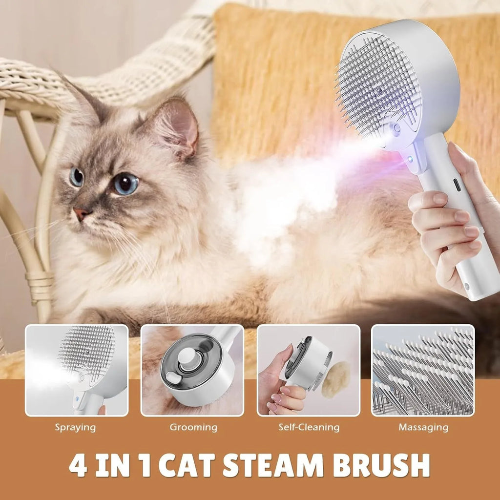 Pink and white cat steam brush with spray tank, stainless steel bent bristles, and a one-click hair removal button.