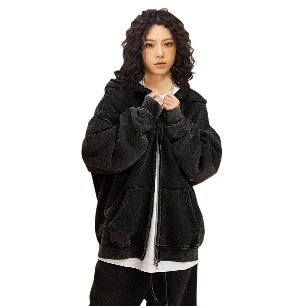 Men's washed vintage hooded cardigan sweater with a double zipper and fleece lining