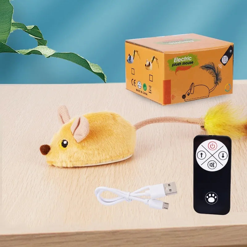 Grey plush electric mouse cat toy with remote control on wooden floor