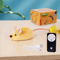 Grey plush electric mouse cat toy with remote control on wooden floor